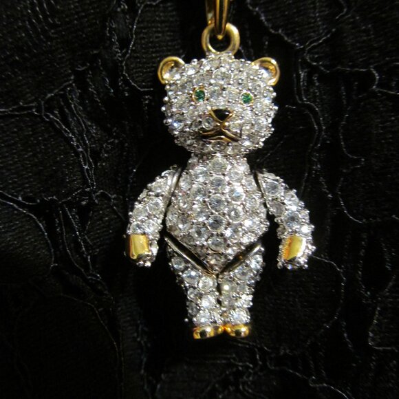 SWAROVSKI Swan Signed Jointed Crystal Teddy Bear Pendant Necklace Retired - Picture 15 of 16